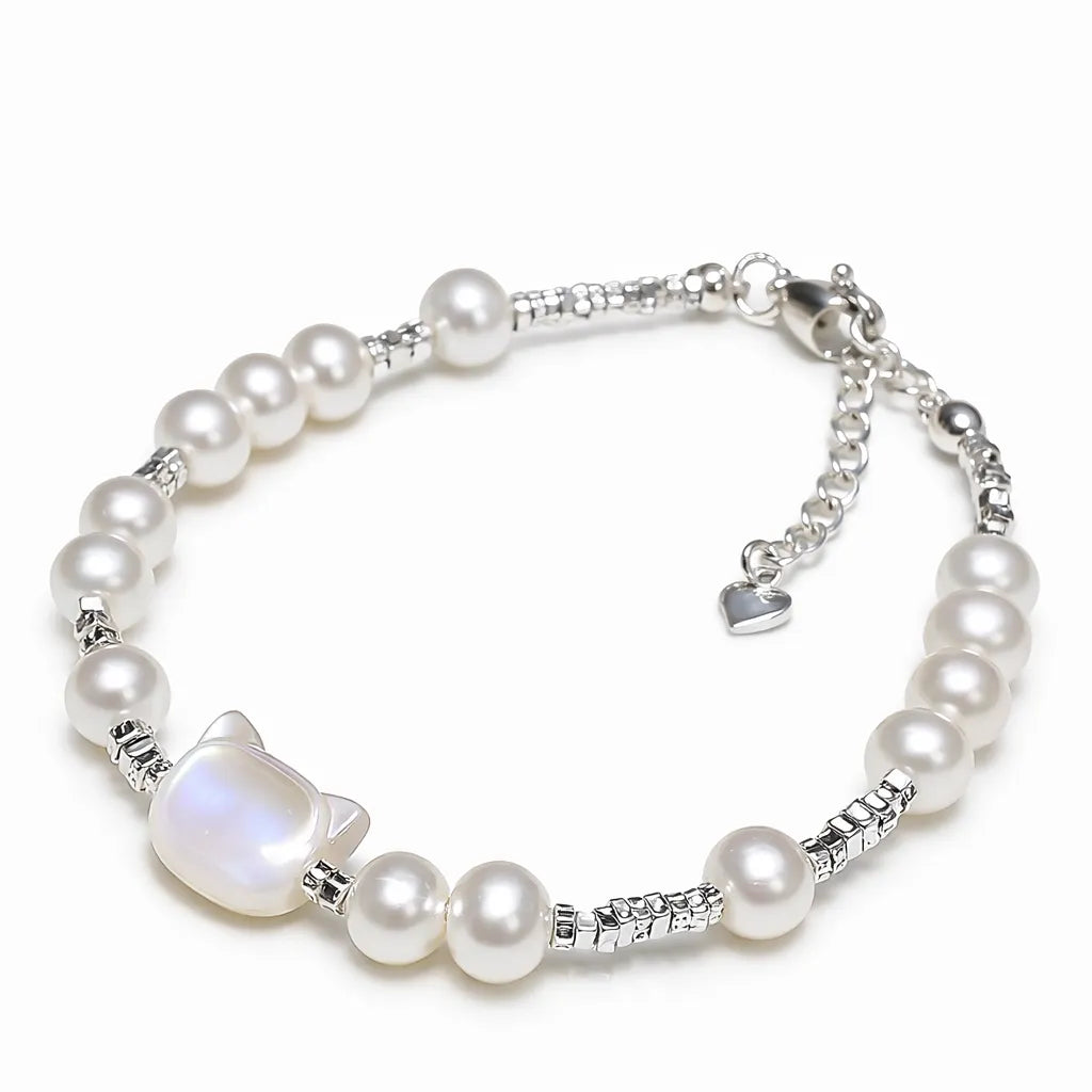 Freshwater Pearl Bracelet 925 Sterling Silver Mother of Pearl Cat Bracelet for Women