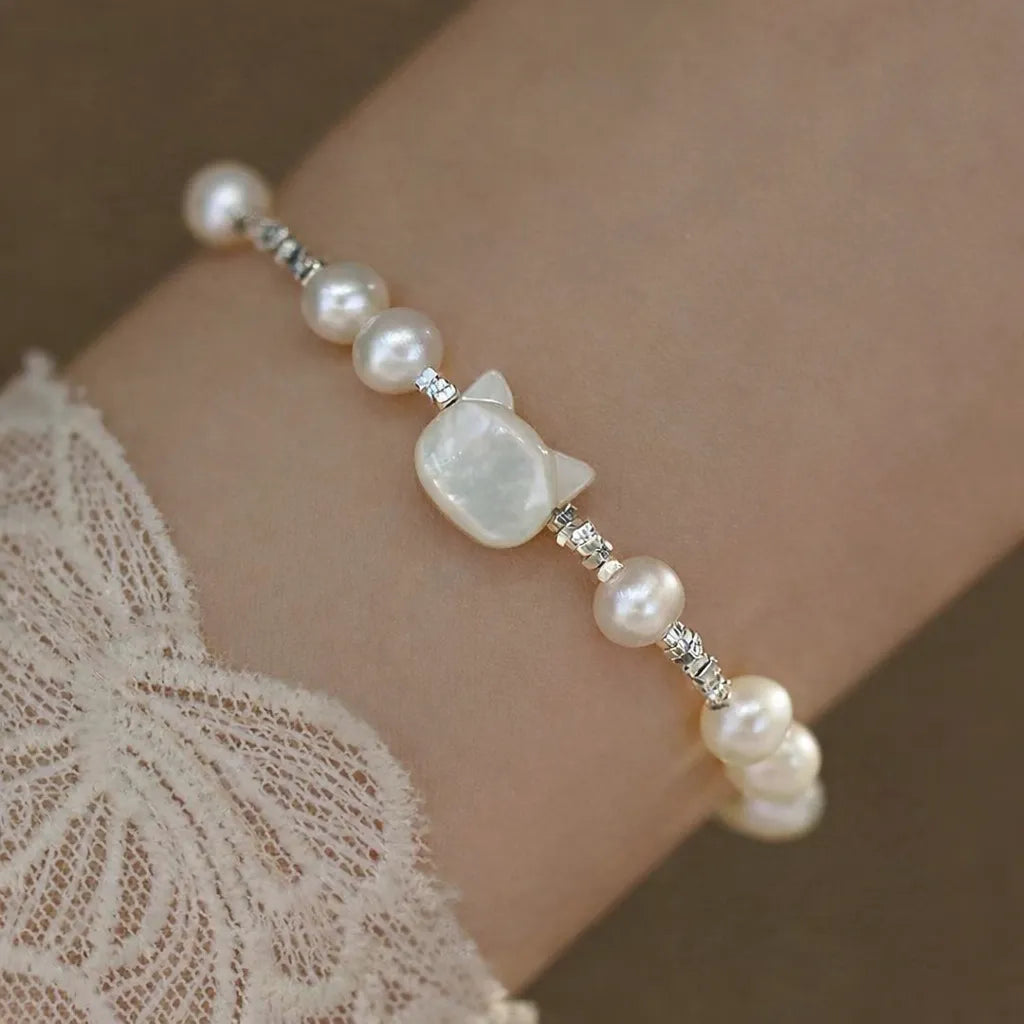 Freshwater Pearl Bracelet 925 Sterling Silver Mother of Pearl Cat Bracelet for Women