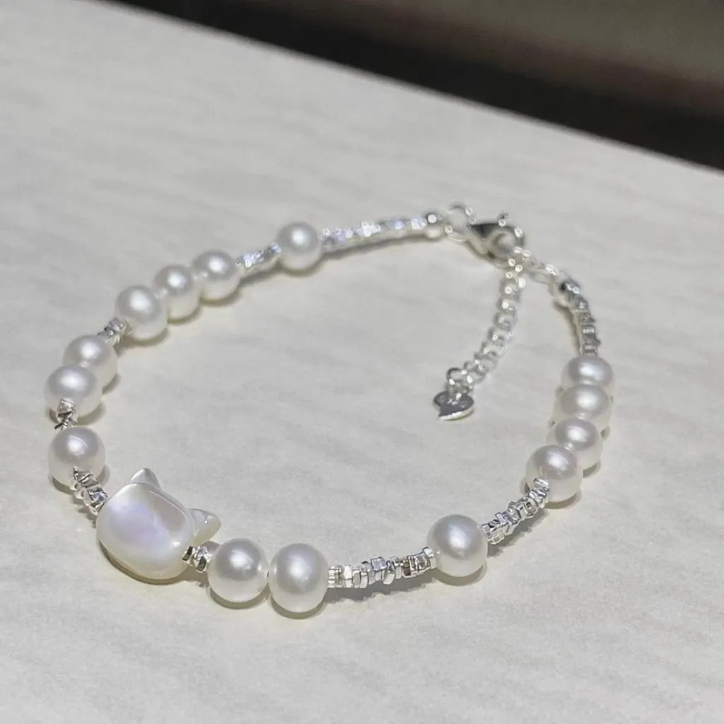 Freshwater Pearl Bracelet 925 Sterling Silver Mother of Pearl Cat Bracelet for Women