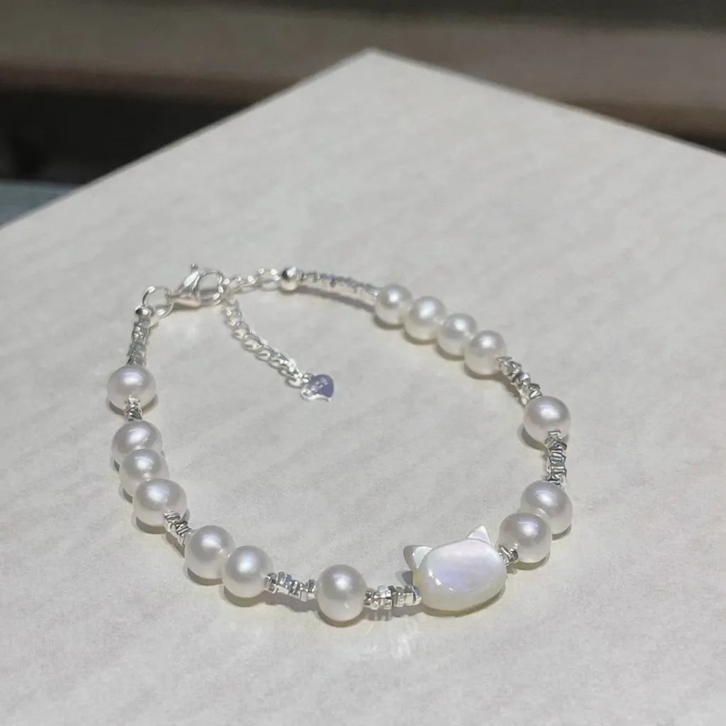 Freshwater Pearl Bracelet 925 Sterling Silver Mother of Pearl Cat Bracelet for Women