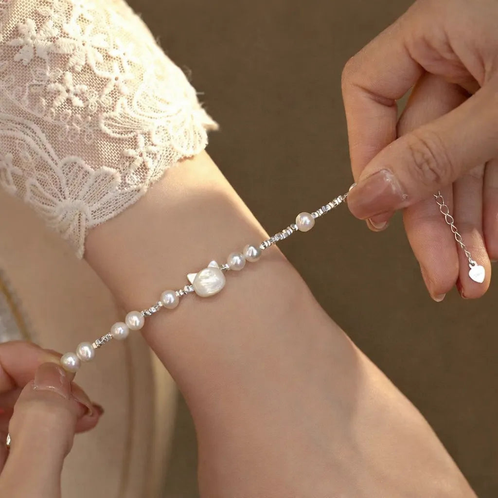 Freshwater Pearl Bracelet 925 Sterling Silver Mother of Pearl Cat Bracelet for Women