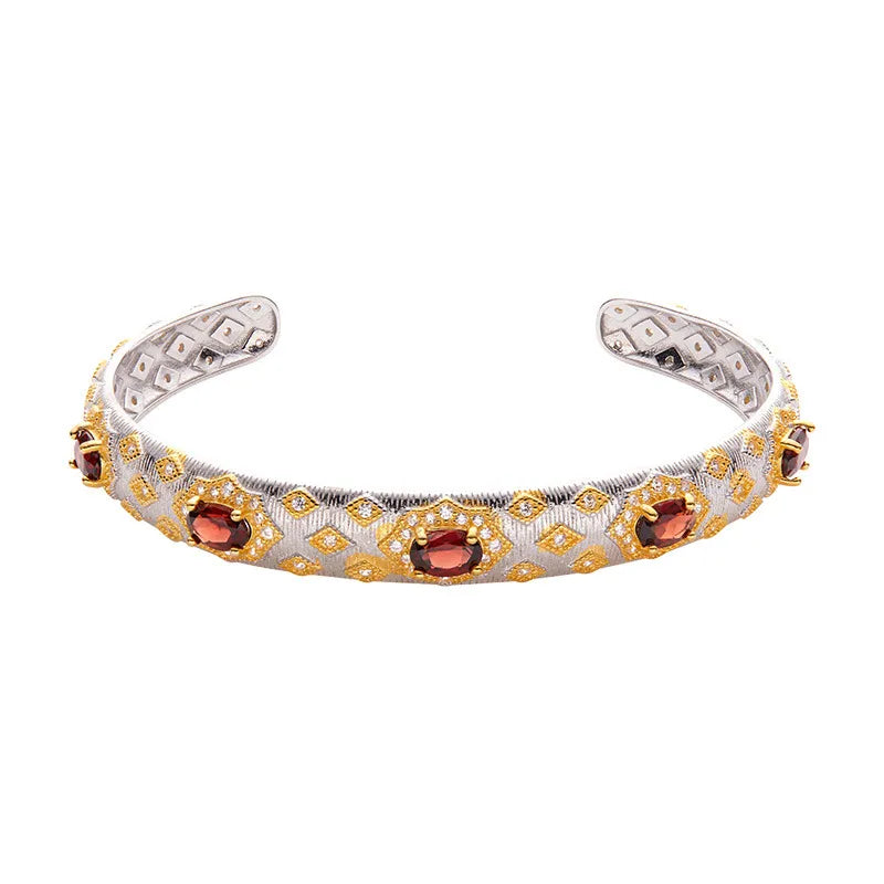Garnet Cuff Bracelet 925 Sterling Silver Vintage Gold Pattern