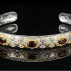 Garnet Cuff Bracelet 925 Sterling Silver Vintage Gold Pattern