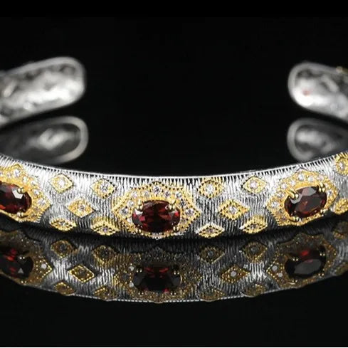 Garnet Cuff Bracelet 925 Sterling Silver Vintage Gold Pattern