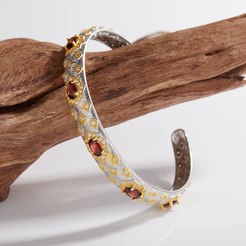Garnet Cuff Bracelet 925 Sterling Silver Vintage Gold Pattern