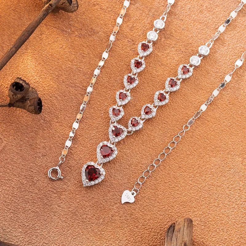 Garnet Heart Necklace 925 Sterling Silver Multi-Heart Lariat Drop