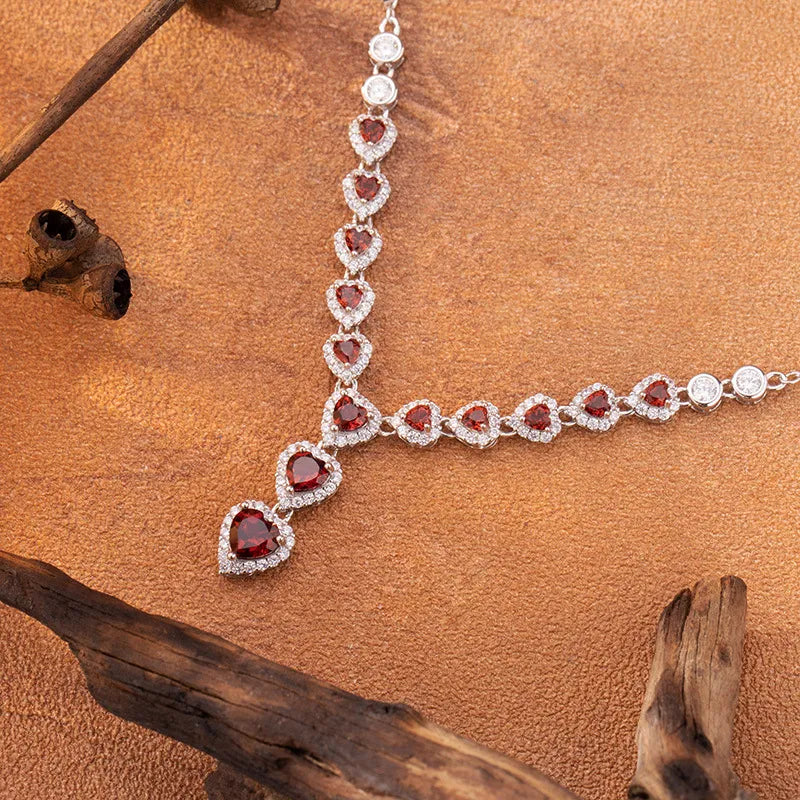 Garnet Heart Necklace 925 Sterling Silver Multi-Heart Lariat Drop