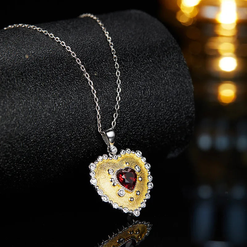 Heart Pendant Necklace 925 Sterling Silver 18K Gold Plated Textured Heart with Center Stone