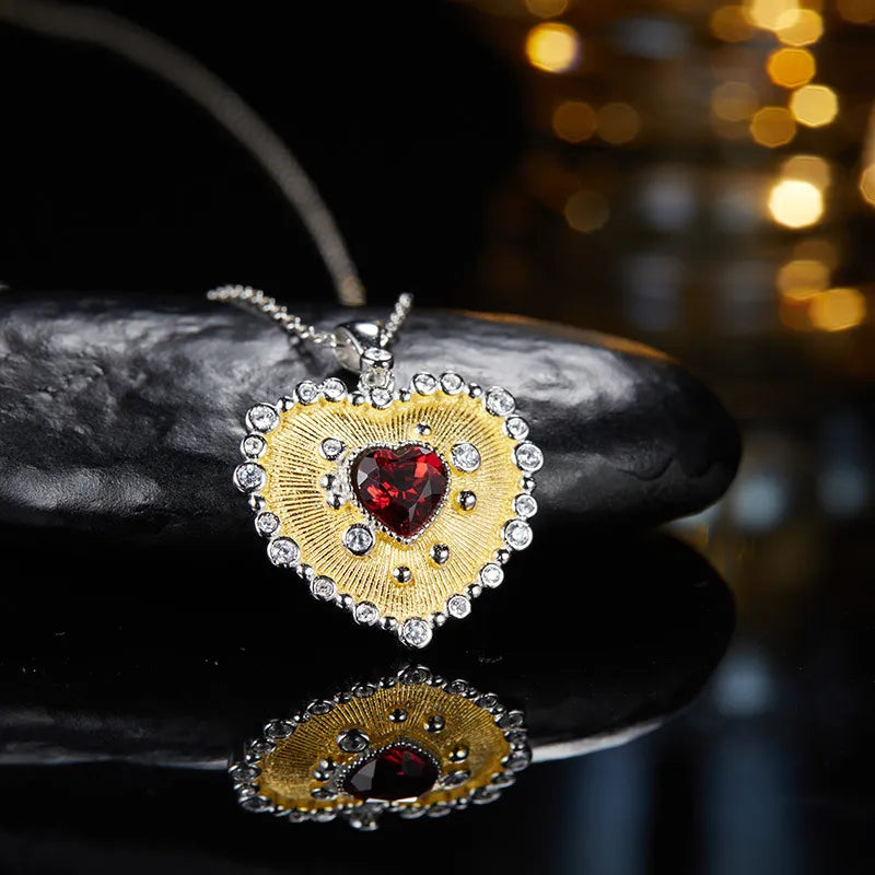 Heart Pendant Necklace 925 Sterling Silver 18K Gold Plated Textured Heart with Center Stone