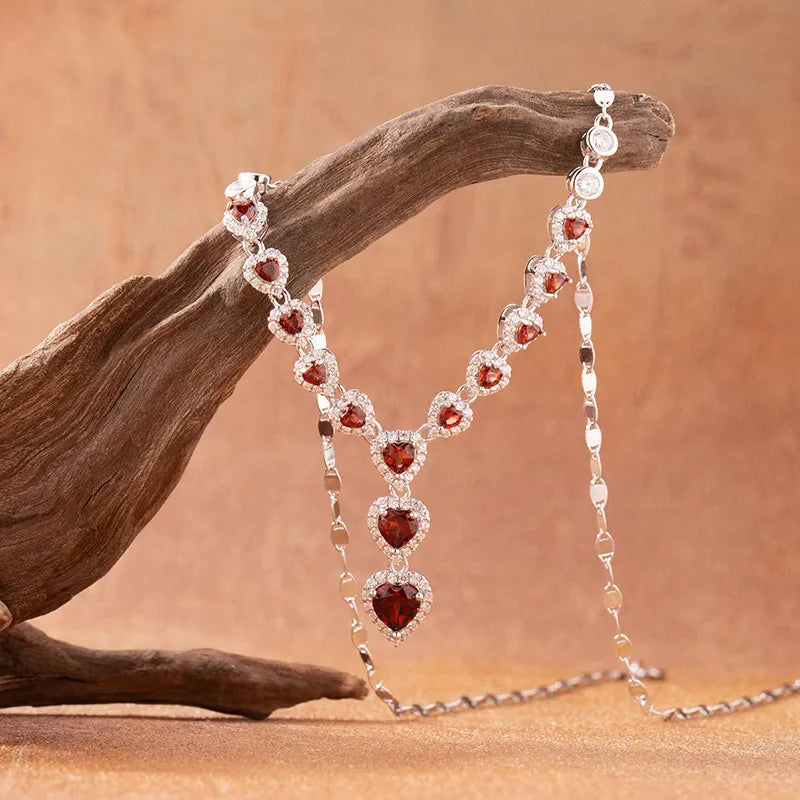 Garnet Heart Necklace 925 Sterling Silver Multi-Heart Lariat Drop