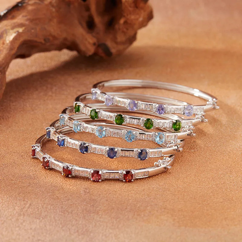 Gemstone Bangle Bracelet 925 Sterling Silver Five Stone Design