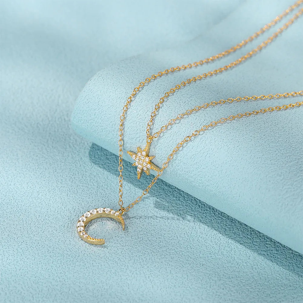 Moon And Star Necklace 925 Sterling Silver Layered Starburst