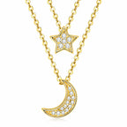 Crescent Moon And Star Necklace 925 Sterling Silver Double Layer With Moissanite Accents