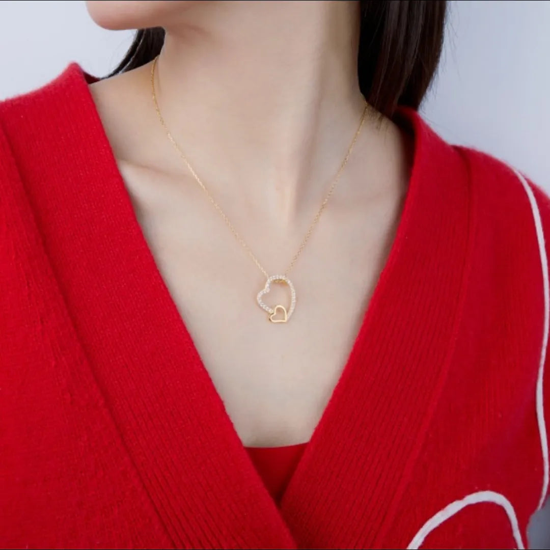 Double Heart Necklace 925 Sterling Silver Cubic Zirconia Pendant with Small Heart Detail