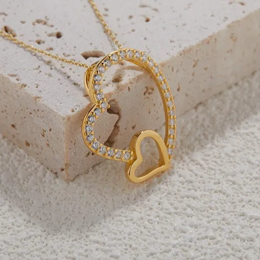 Double Heart Necklace 925 Sterling Silver Cubic Zirconia Pendant with Small Heart Detail