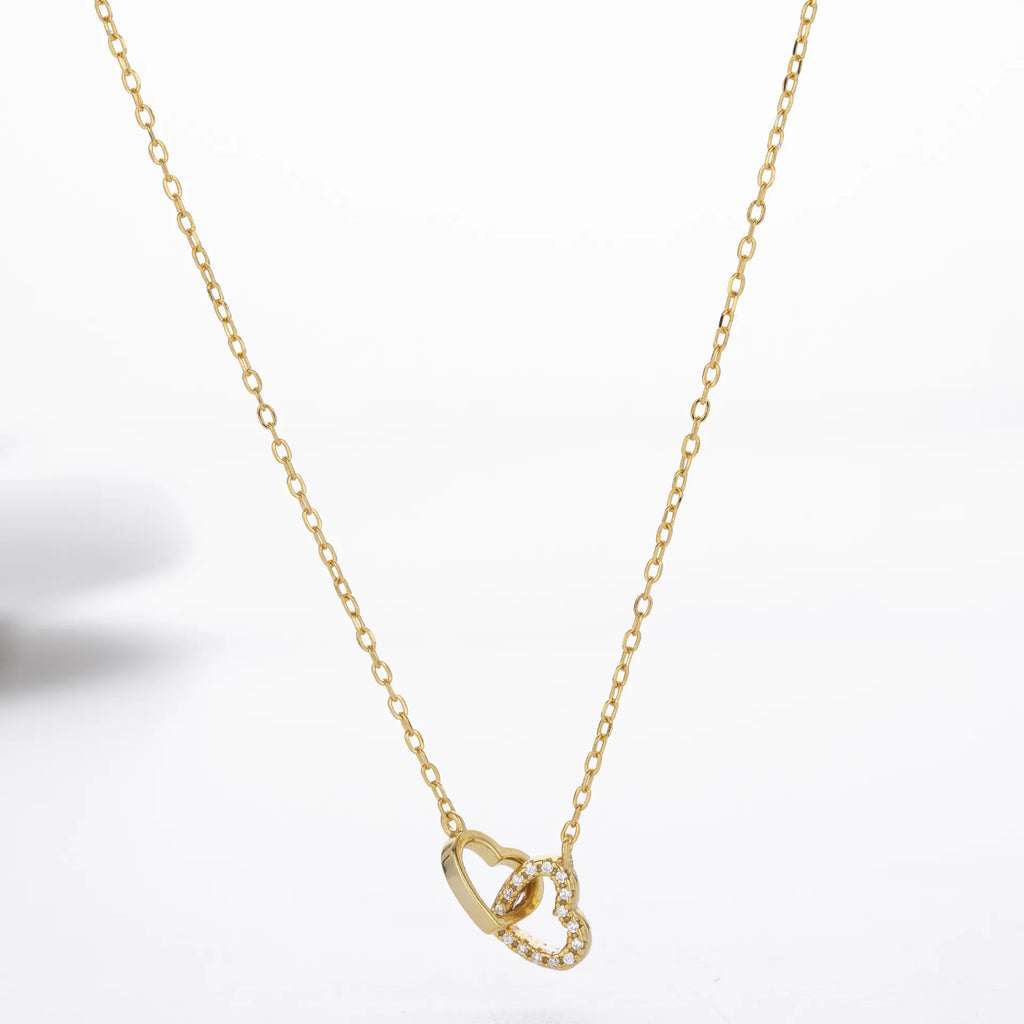 Double Heart Necklace 925 Sterling Silver Interlocking Heart Charm with Cubic Zirconia