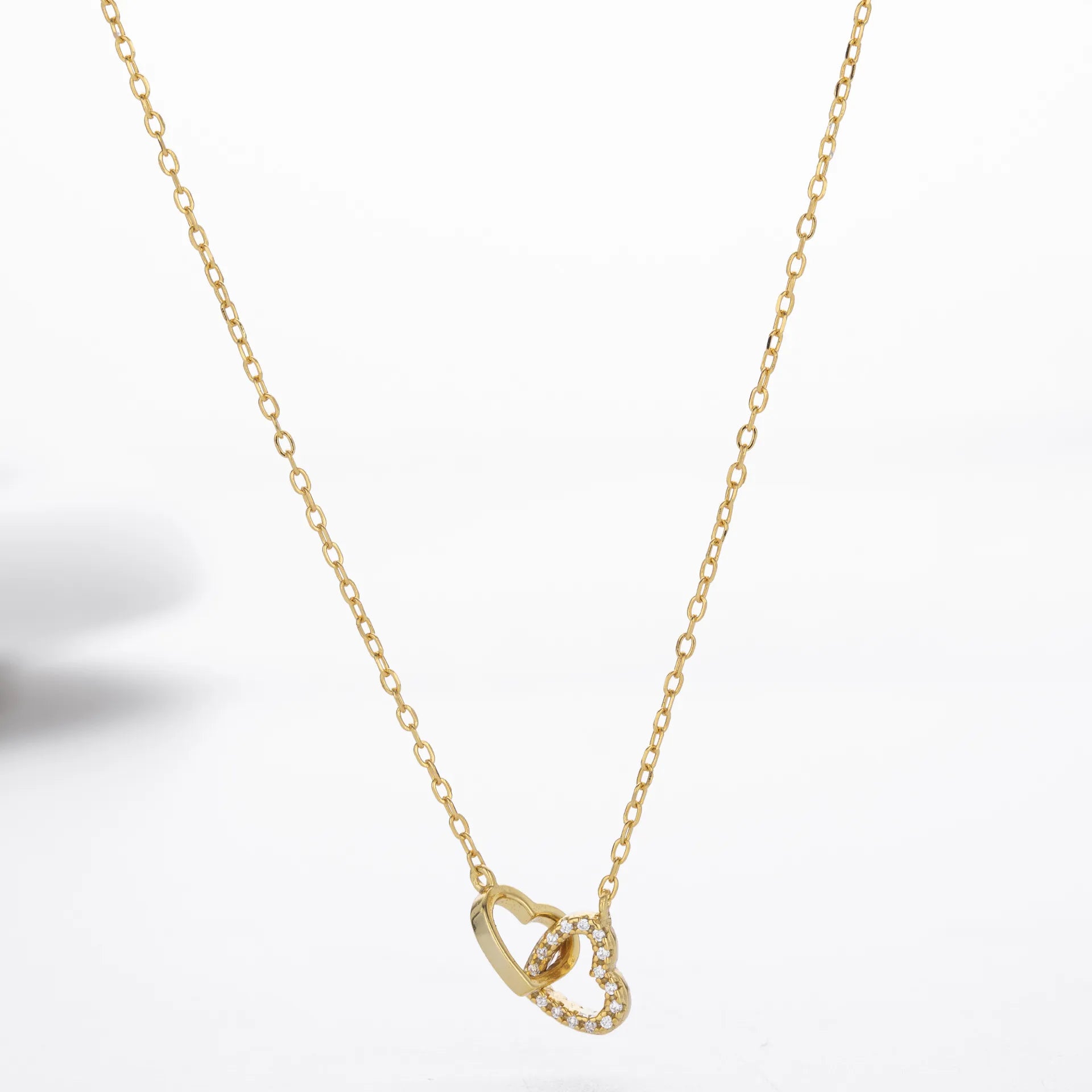 Double Heart Necklace 925 Sterling Silver Interlocking Heart Charm with Cubic Zirconia