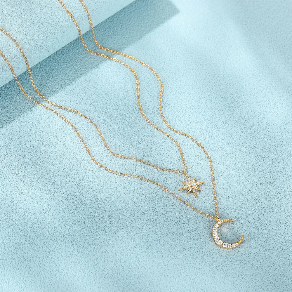 Moon And Star Necklace 925 Sterling Silver Layered Starburst