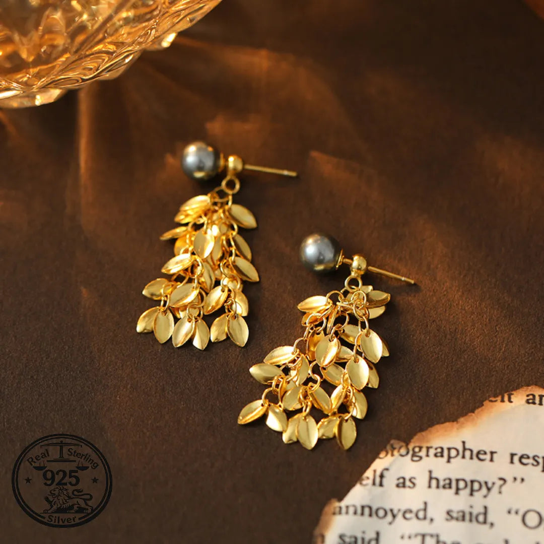 Leaf Dangle Earrings in 925 Sterling Silver Pearl Tassel Style