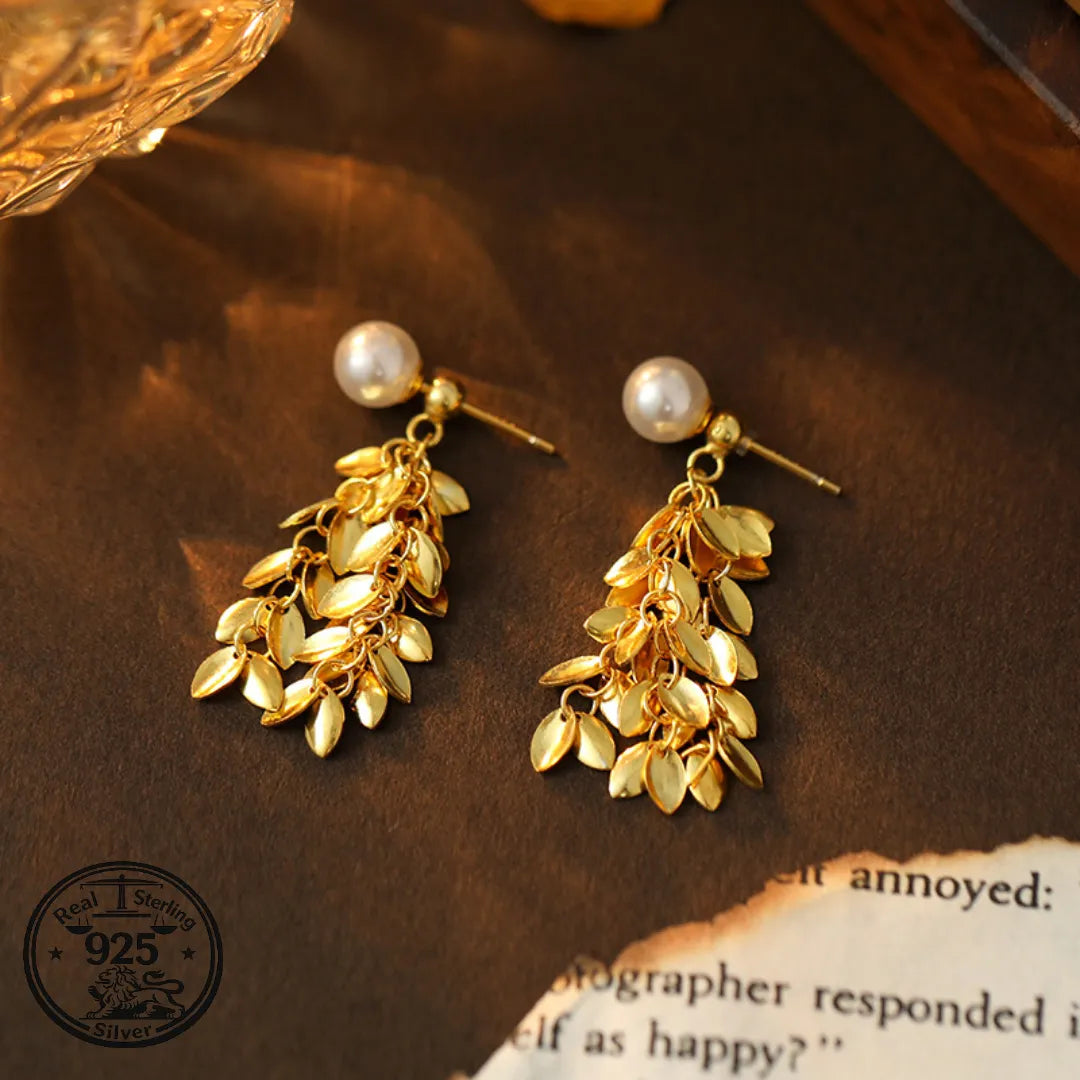 Leaf Dangle Earrings in 925 Sterling Silver Pearl Tassel Style