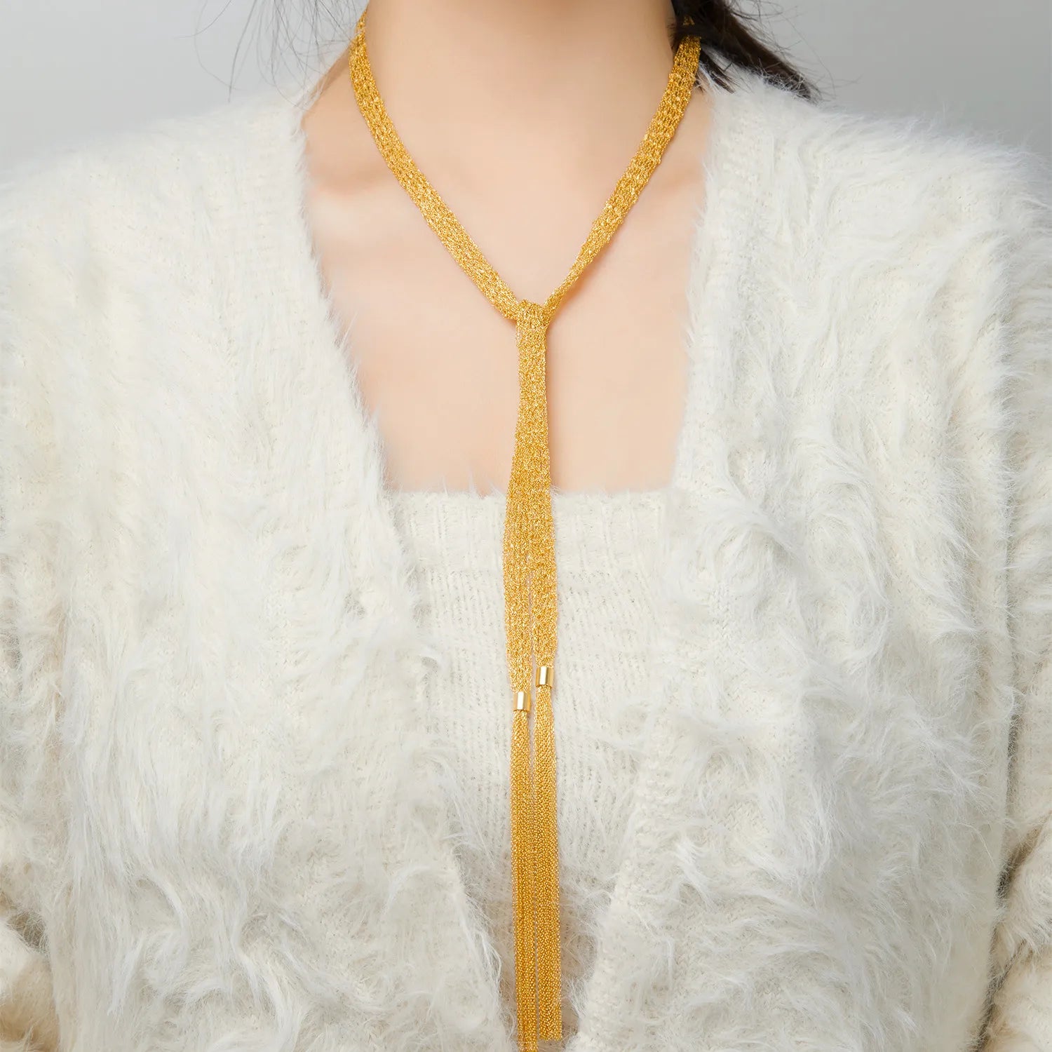 Long Tassel Necklace in 925 Sterling Silver Multi Strand Chain with Italian Inspiration