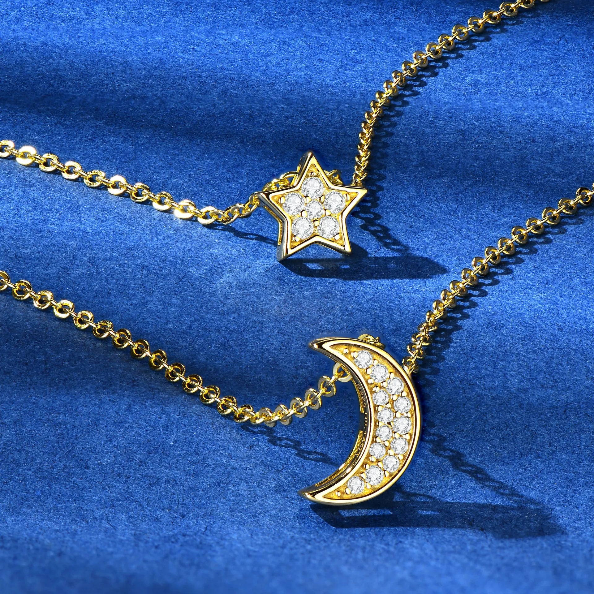 Crescent Moon And Star Necklace 925 Sterling Silver Double Layer With Moissanite Accents
