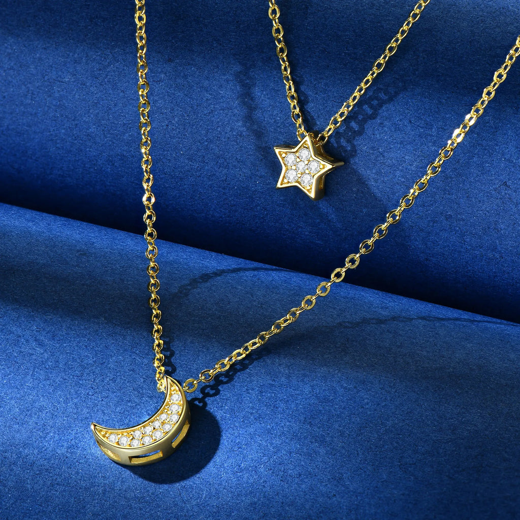 Crescent Moon And Star Necklace 925 Sterling Silver Double Layer With Moissanite Accents
