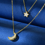 Crescent Moon And Star Necklace 925 Sterling Silver Double Layer With Moissanite Accents
