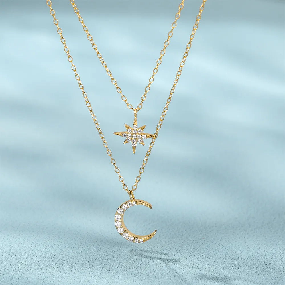 Moon And Star Necklace 925 Sterling Silver Layered Starburst