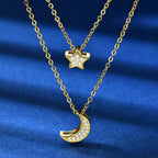 Crescent Moon And Star Necklace 925 Sterling Silver Double Layer With Moissanite Accents