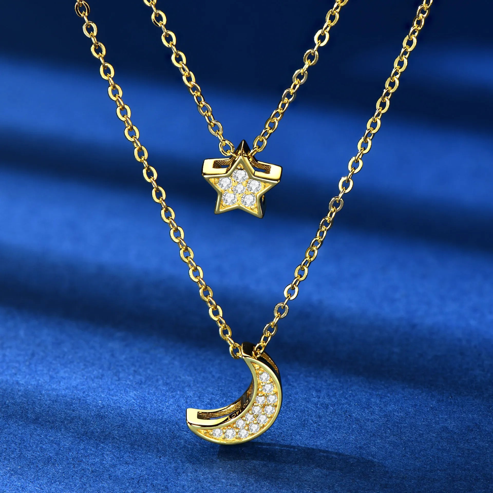 Crescent Moon And Star Necklace 925 Sterling Silver Double Layer With Moissanite Accents