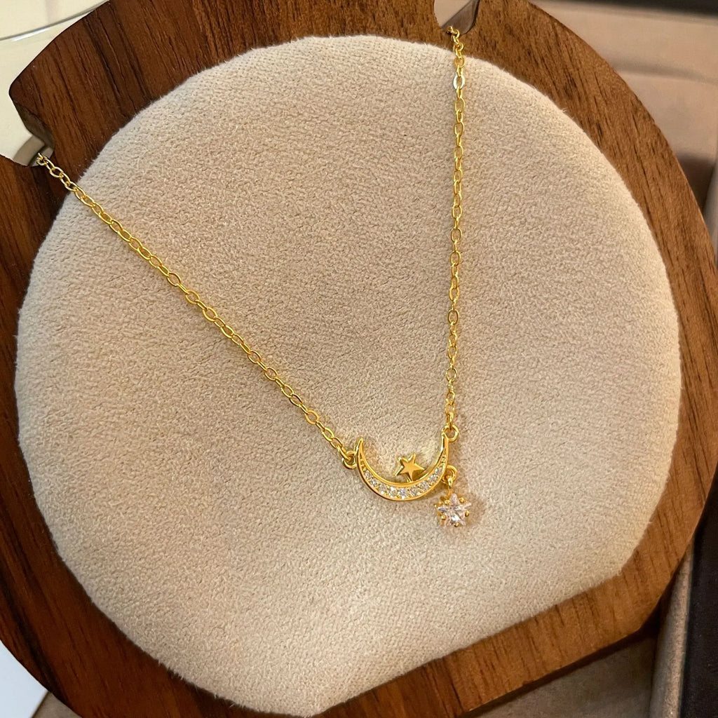 Crescent Moon Necklace With Star 925 Sterling Silver Cubic Zirconia Prong-Set Star Charm