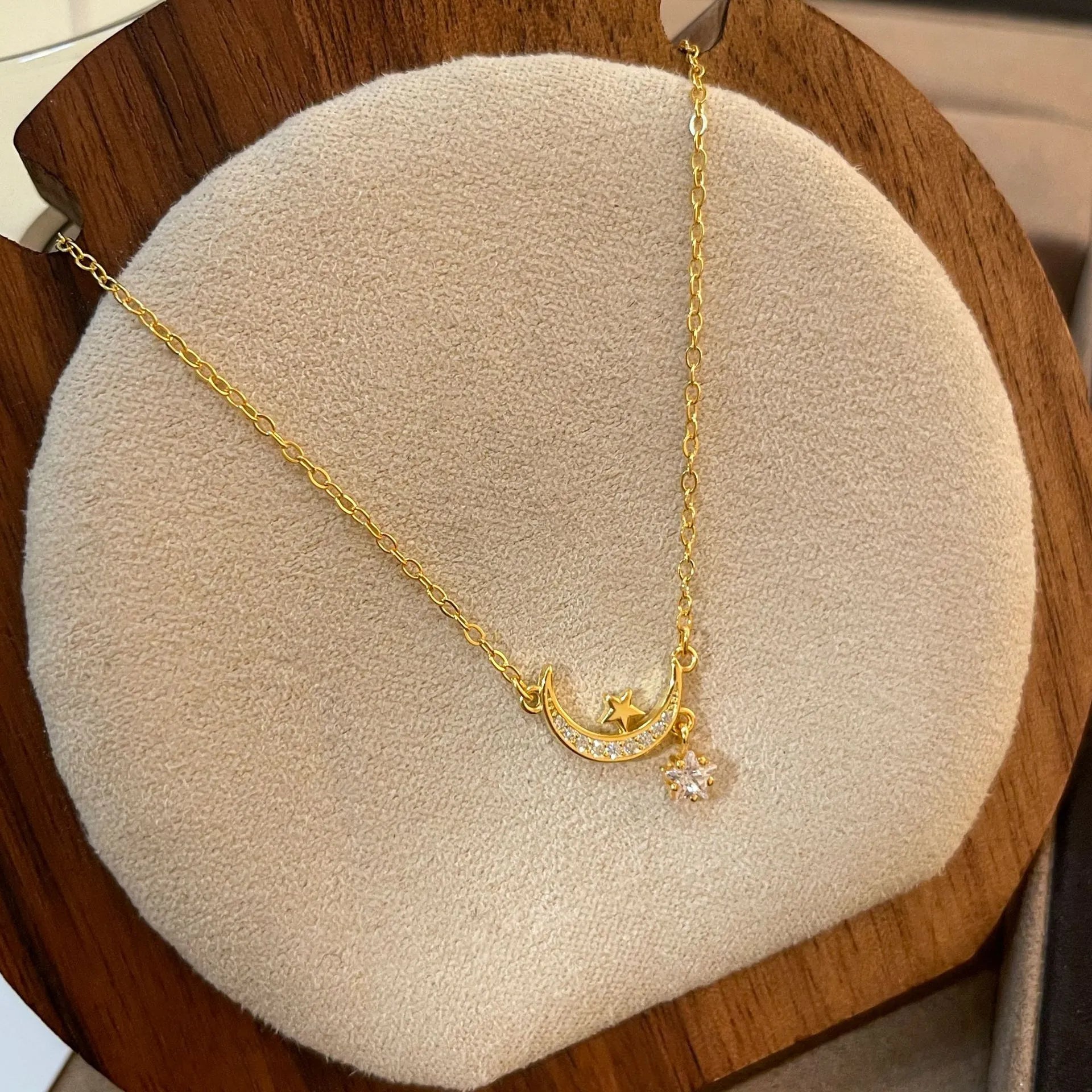 Crescent Moon Necklace With Star 925 Sterling Silver Cubic Zirconia Prong-Set Star Charm