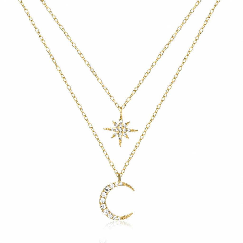 Moon And Star Necklace 925 Sterling Silver Layered Starburst