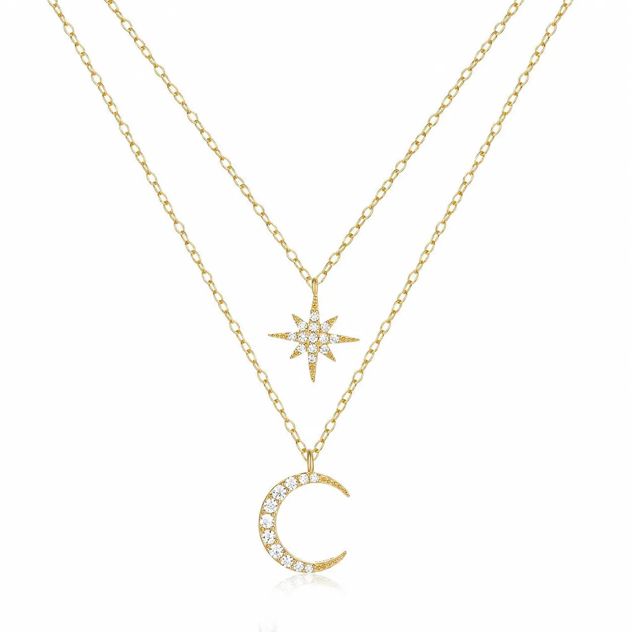 Moon And Star Necklace 925 Sterling Silver Layered Starburst