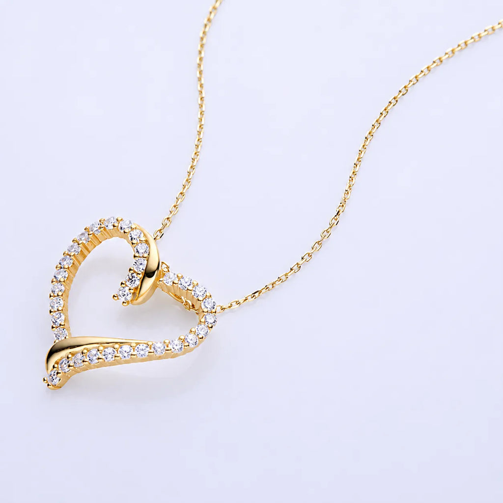 Open Heart Necklace 925 Sterling Silver with Cubic Zirconia Border and Curved Metal Detail