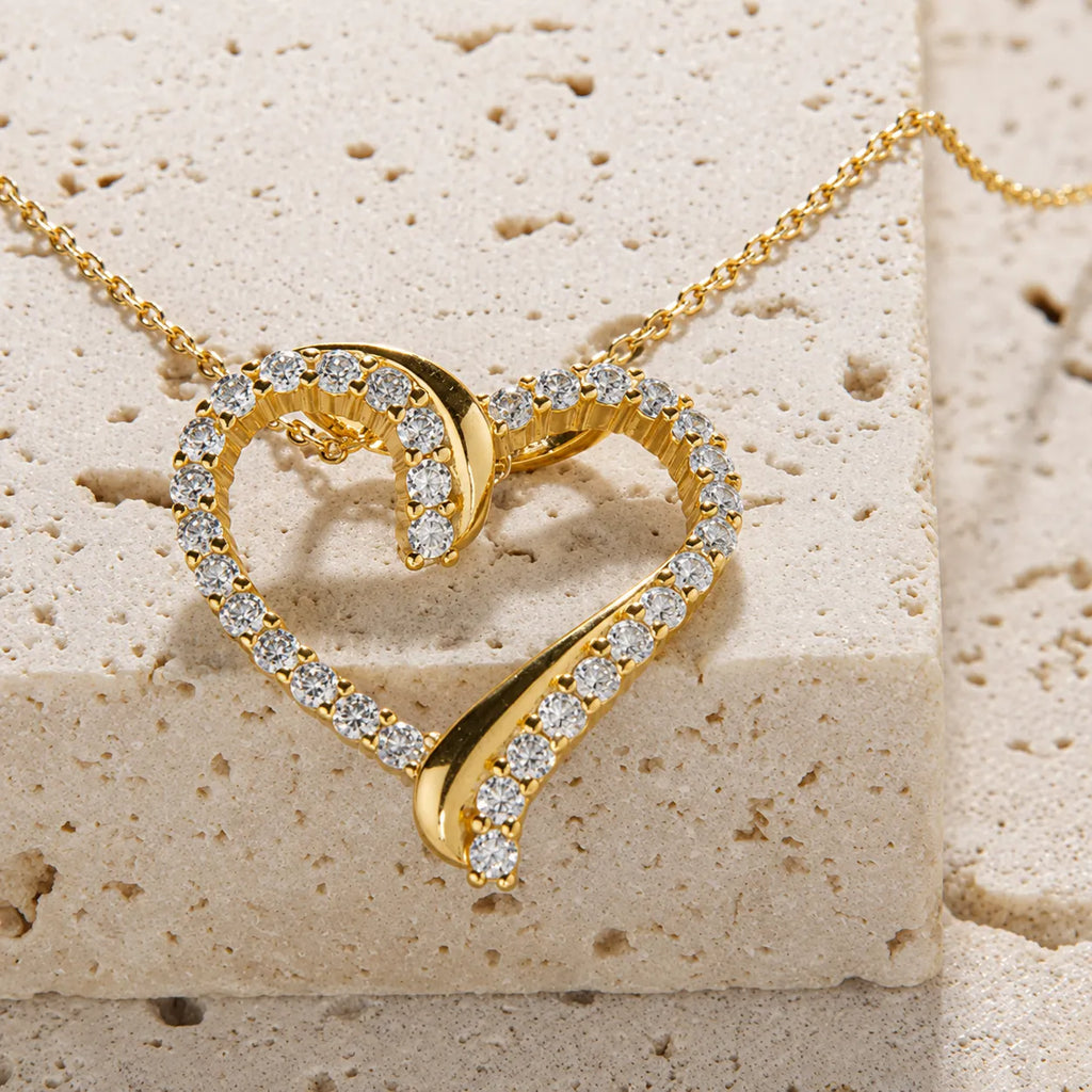Open Heart Necklace 925 Sterling Silver with Cubic Zirconia Border and Curved Metal Detail