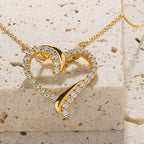 Open Heart Necklace 925 Sterling Silver with Cubic Zirconia Border and Curved Metal Detail