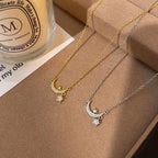 Crescent Moon Necklace With Star 925 Sterling Silver Cubic Zirconia Prong-Set Star Charm