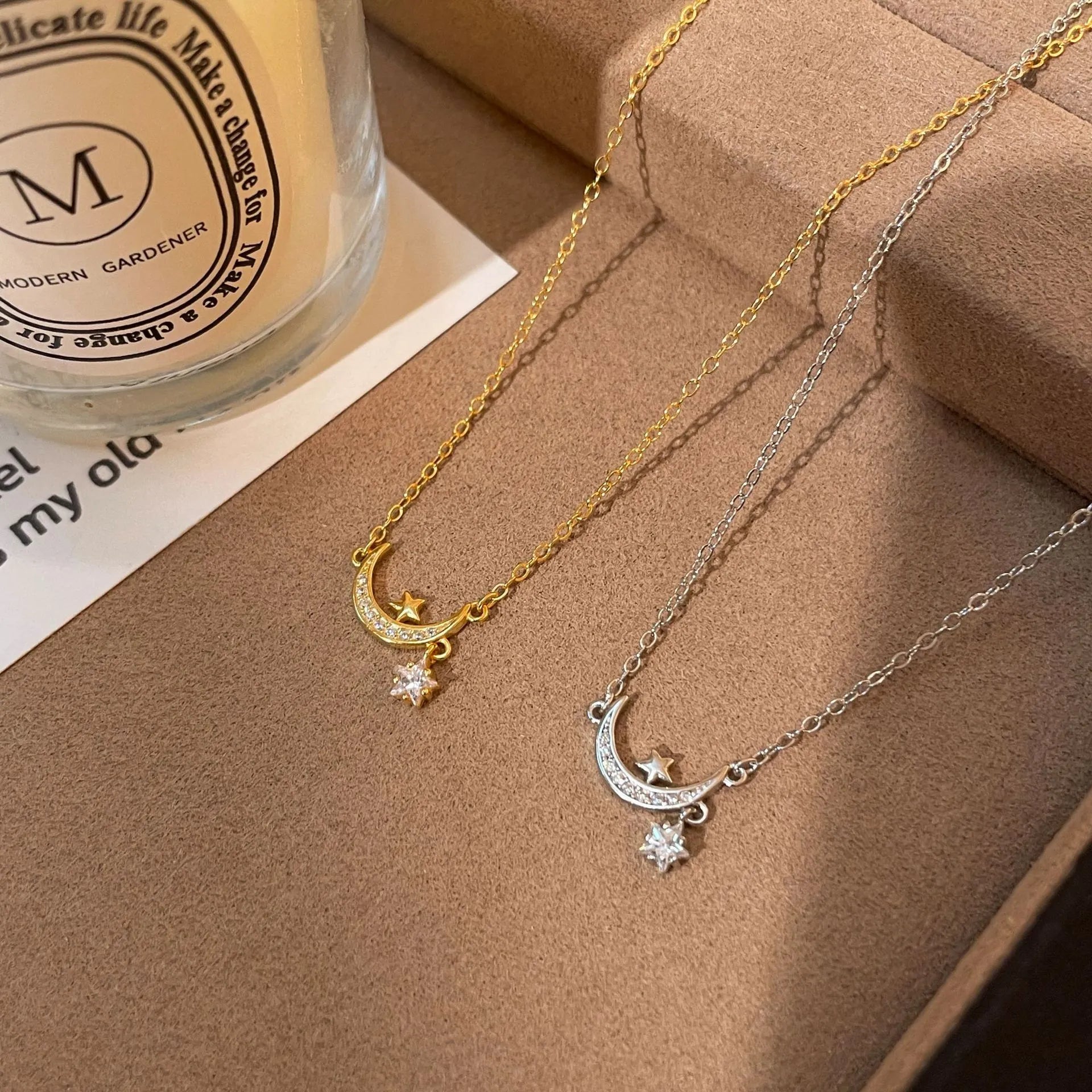 Crescent Moon Necklace With Star 925 Sterling Silver Cubic Zirconia Prong-Set Star Charm