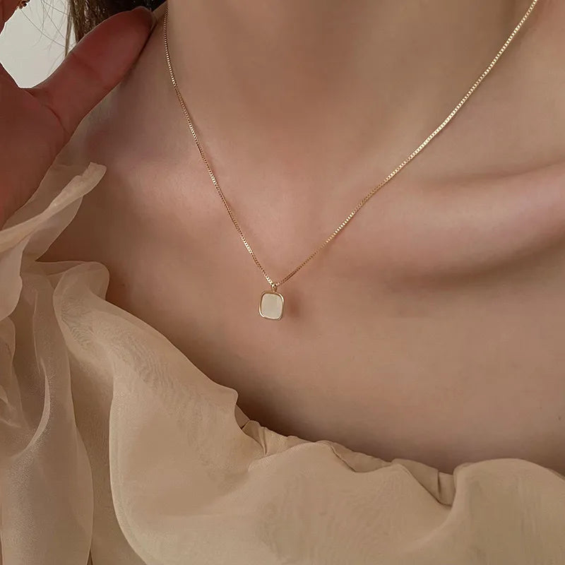 Mother of Pearl Necklace 925 Sterling Silver Rounded Square Pendant
