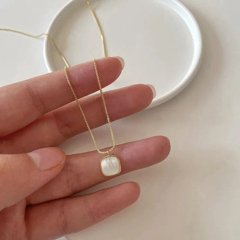 Mother of Pearl Necklace 925 Sterling Silver Rounded Square Pendant