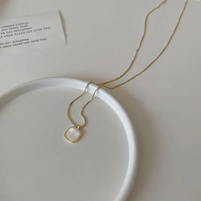 Mother of Pearl Necklace 925 Sterling Silver Rounded Square Pendant