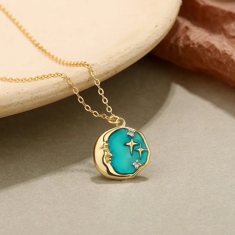 Moon Face Necklace 925 Sterling Silver 18K Gold Plated Green Starry Pendant