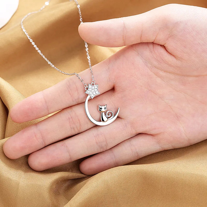 Cat Necklace 925 Sterling Silver Crescent Moon And Star Pendant