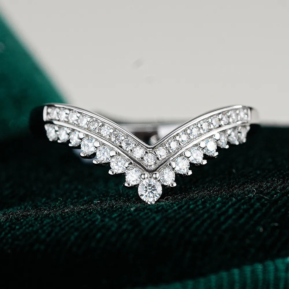 Heart Crown Ring 925 Sterling Silver Moissanite Curved Double Row Design