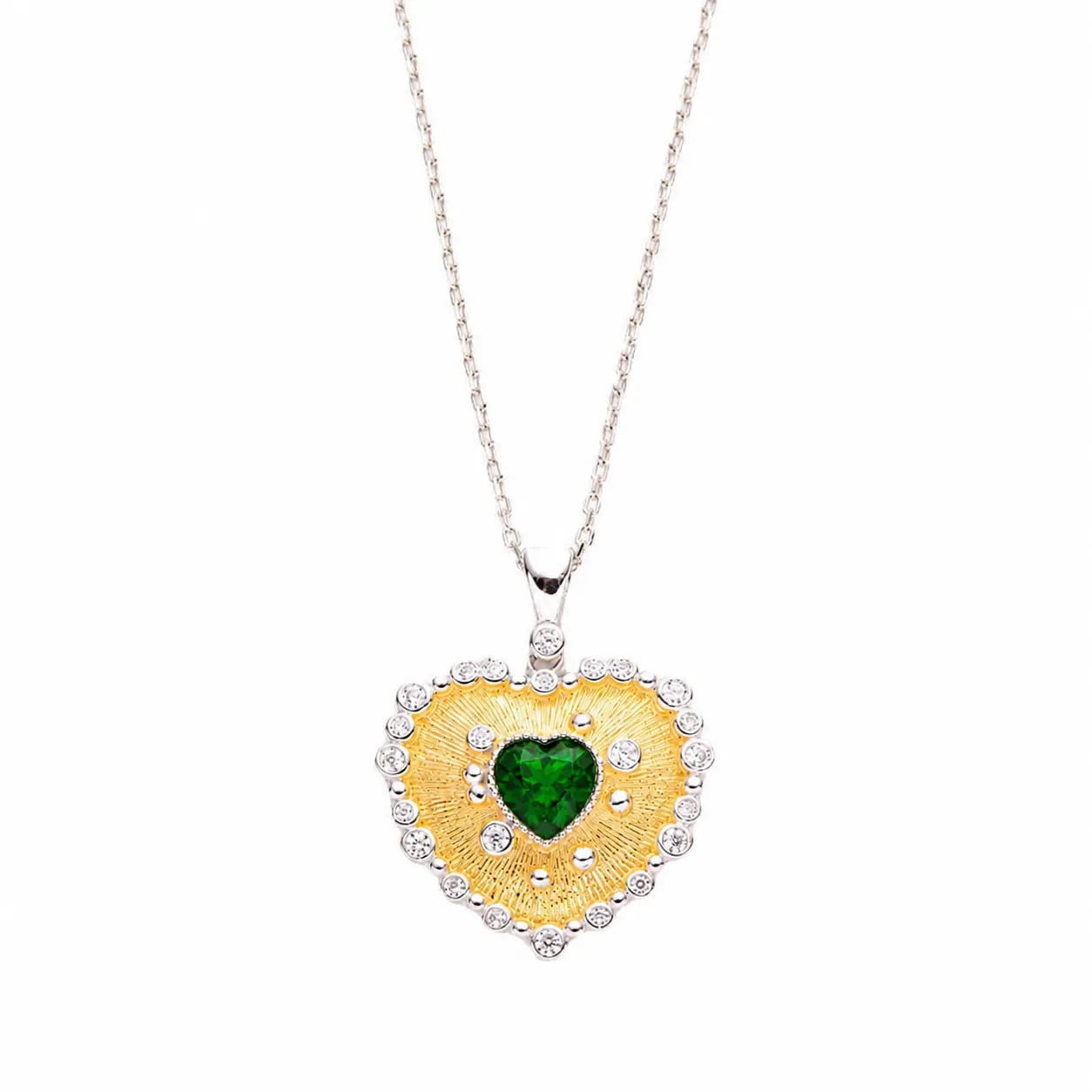 Heart Pendant Necklace 925 Sterling Silver 18K Gold Plated Textured Heart with Center Stone Secondary image