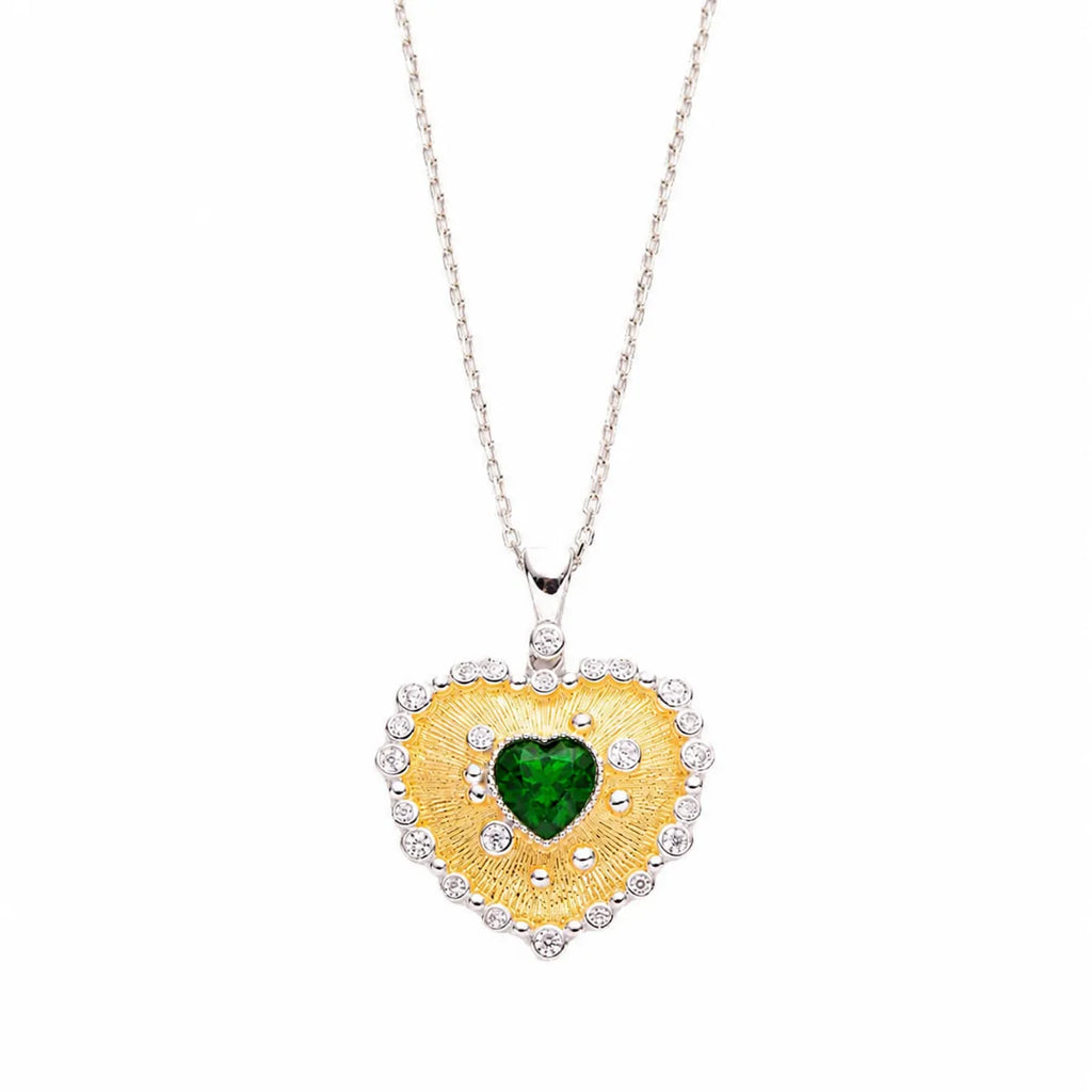 Heart Pendant Necklace 925 Sterling Silver 18K Gold Plated Textured Heart with Center Stone
