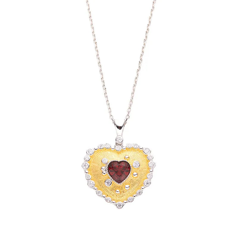 Heart Pendant Necklace 925 Sterling Silver 18K Gold Plated Textured Heart with Center Stone