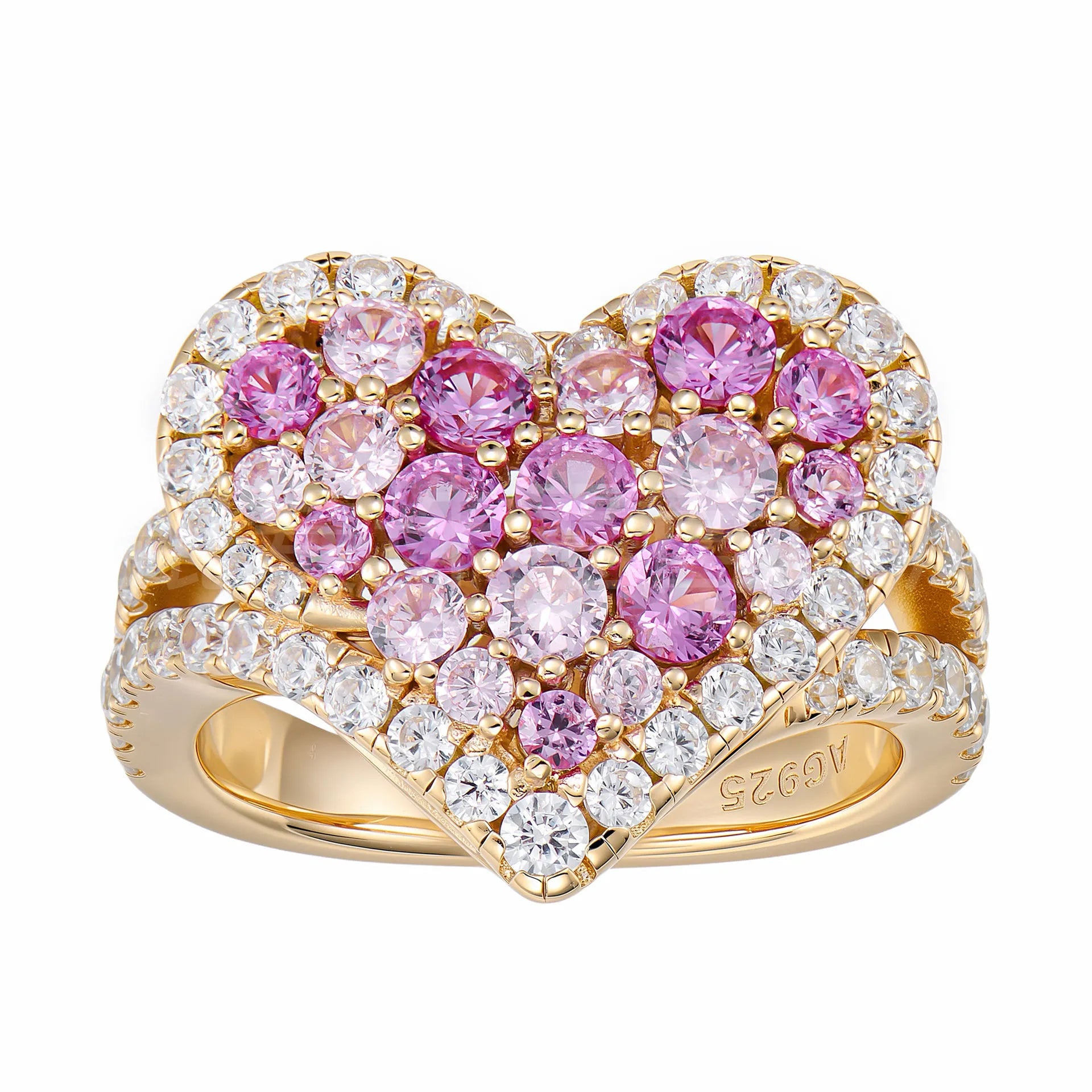 925 Sterling Silver Heart Ring Rose Gold Plated Pink Purple Cubic Zirconia Pave
